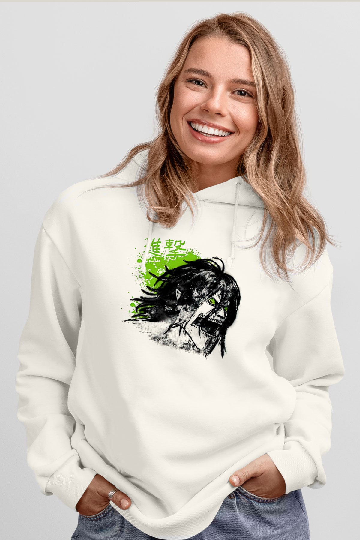 Attack On Titan Baskılı Beyaz Unisex Hoodie