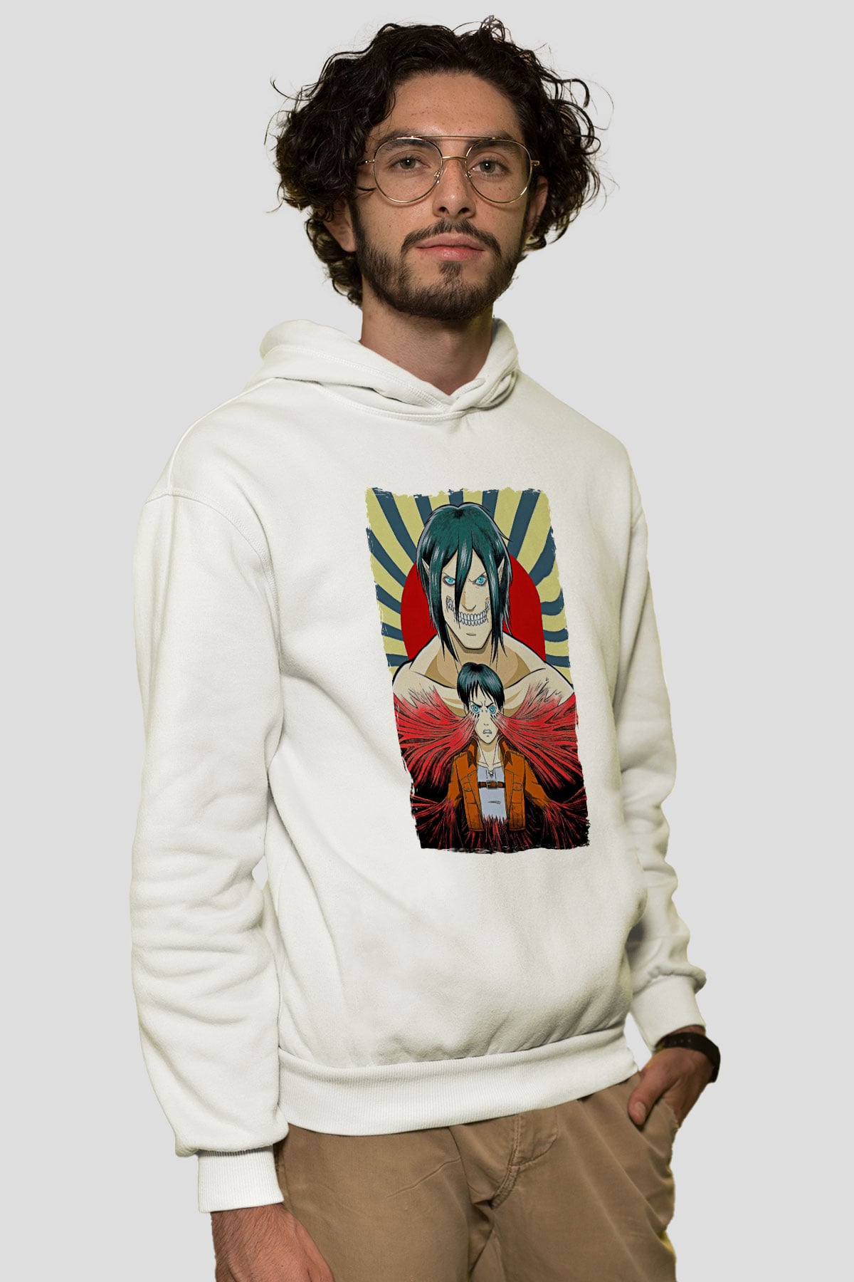 Attack On Titan Baskılı Beyaz Unisex Hoodie