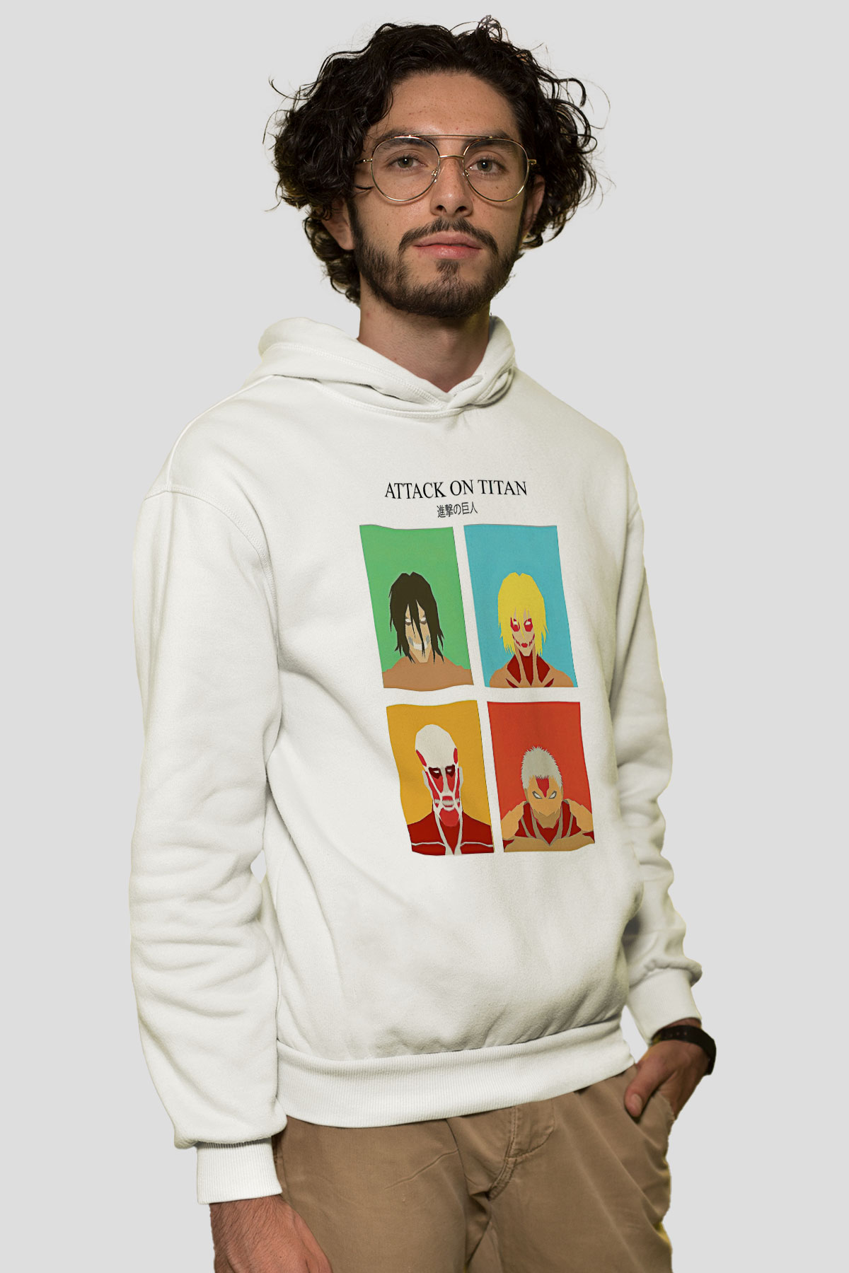 Attack On Titan Baskılı Beyaz Unisex Hoodie