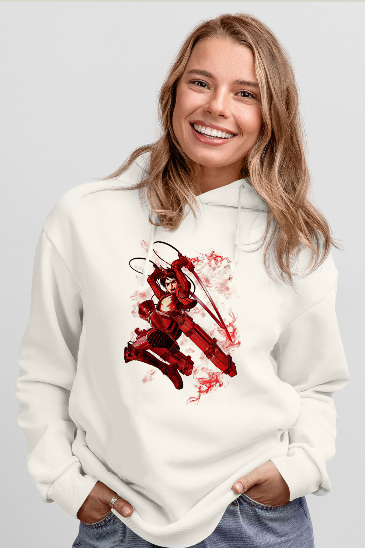 Attack On Titan Baskılı Beyaz Unisex Hoodie