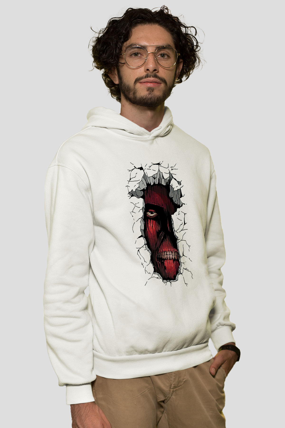 Attack On Titan Baskılı Beyaz Unisex Hoodie