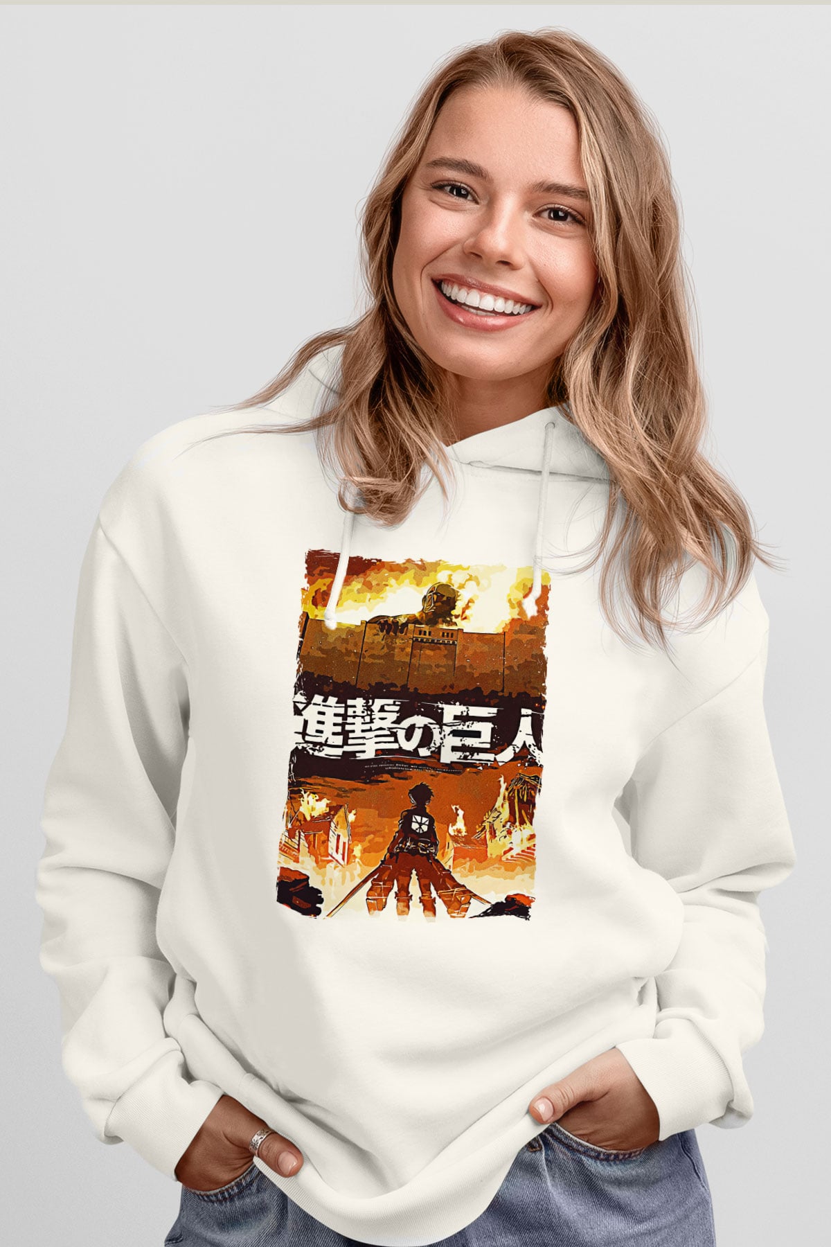 Attack On Titan Baskılı Beyaz Unisex Hoodie