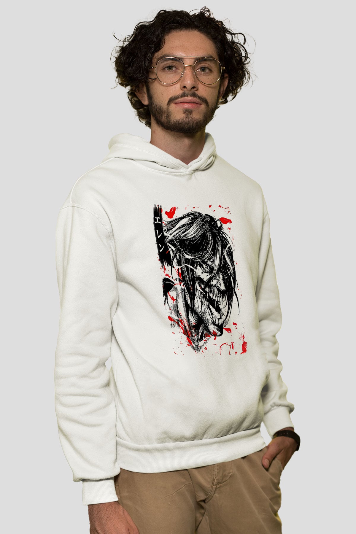Attack On Titan Baskılı Beyaz Unisex Hoodie