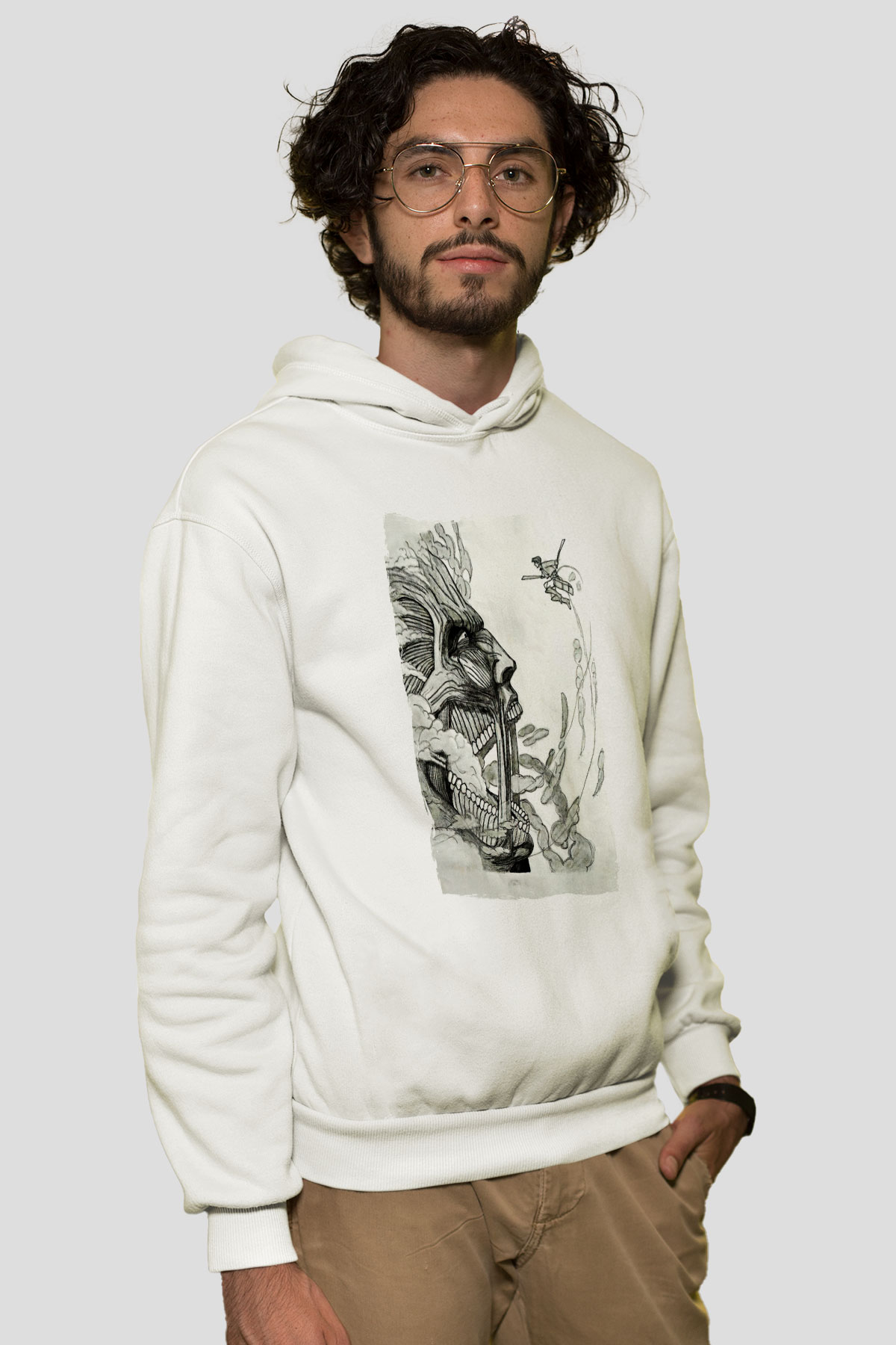 Attack On Titan Baskılı Beyaz Unisex Hoodie