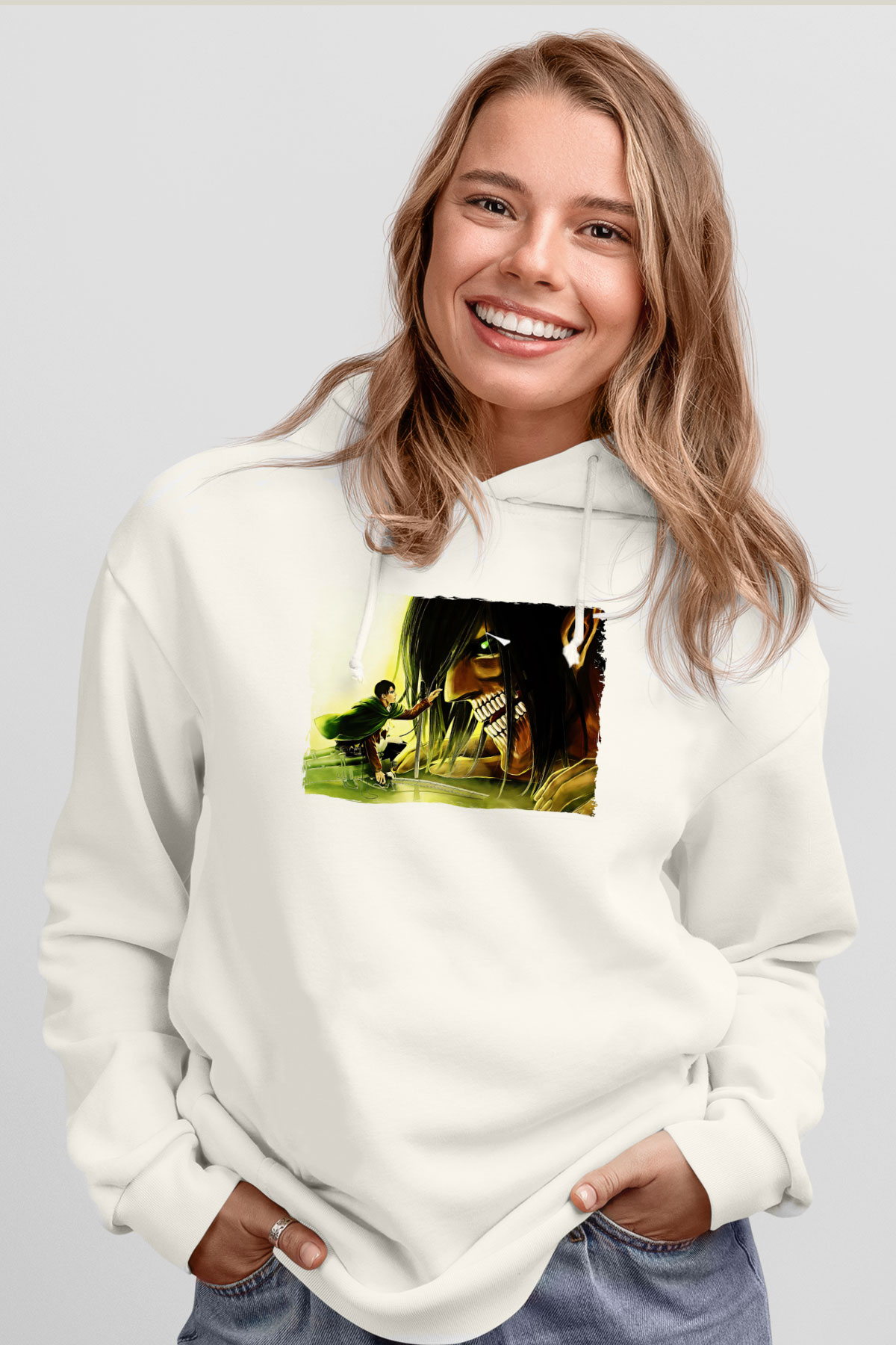 Attack On Titan Baskılı Beyaz Unisex Hoodie