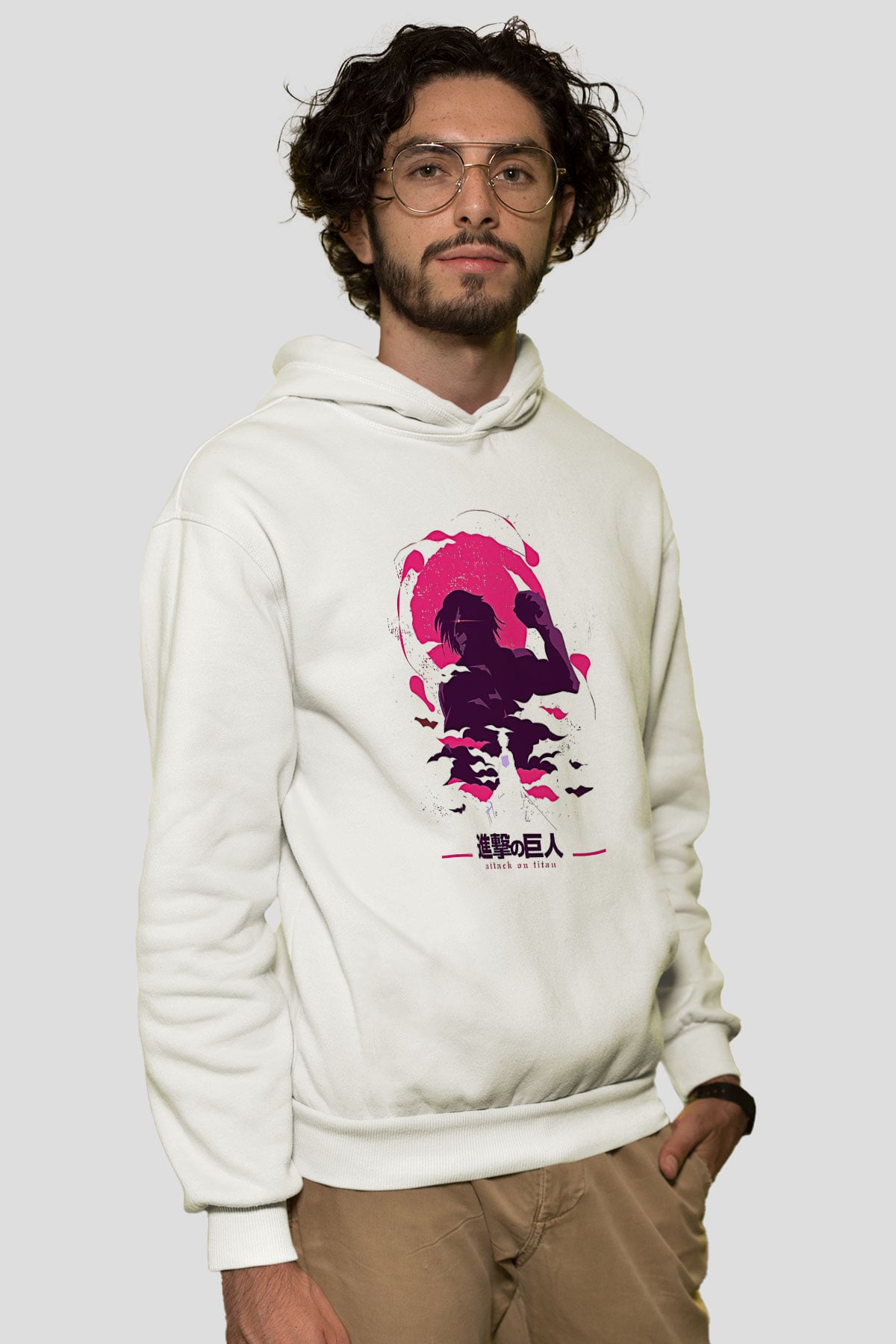 Attack On Titan Baskılı Beyaz Unisex Hoodie