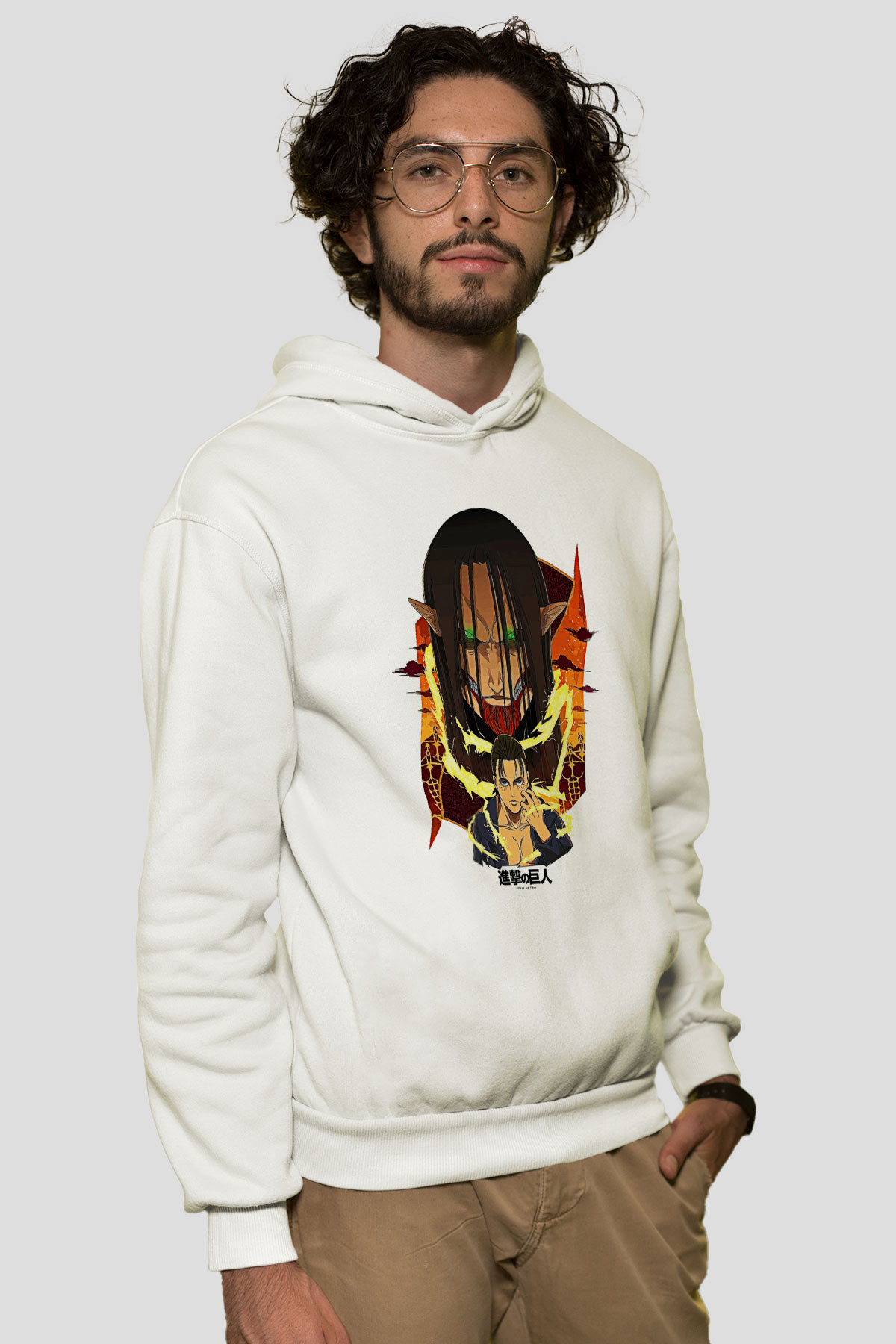 Attack On Titan Baskılı Beyaz Unisex Hoodie
