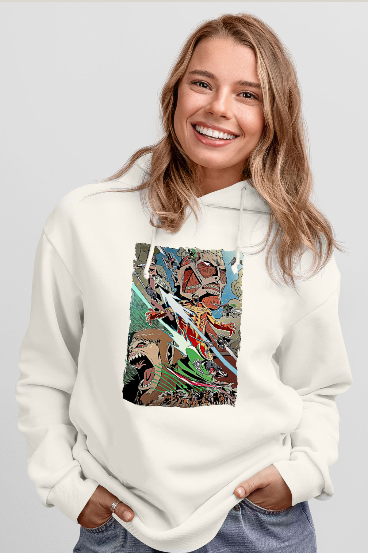 Attack On Titan Baskılı Beyaz Unisex Hoodie