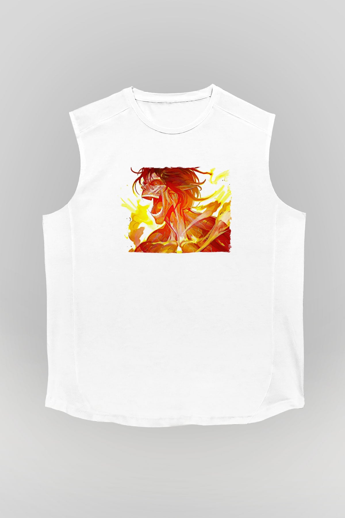 Attack On Titan Baskılı Beyaz Unisex Kolsuz Tişört - Tshirt