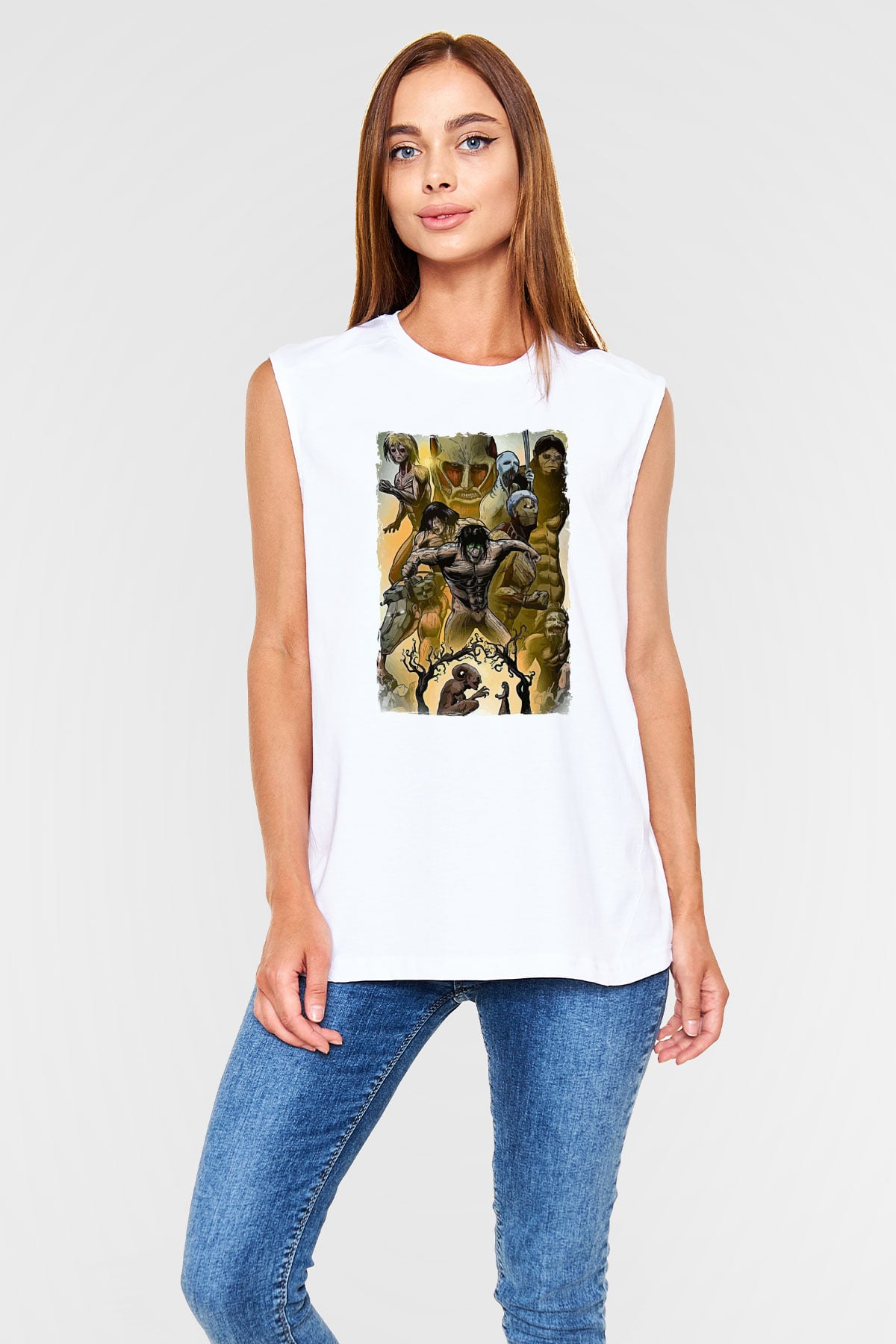 Attack On Titan Baskılı Beyaz Unisex Kolsuz Tişört - Tshirt