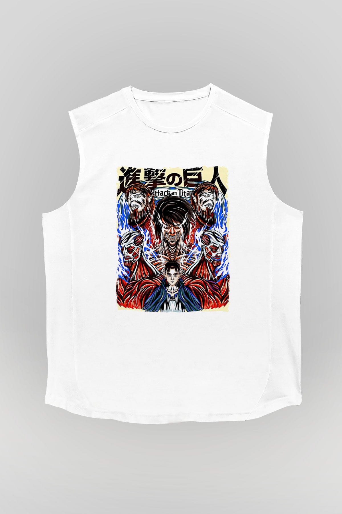Attack On Titan Baskılı Beyaz Unisex Kolsuz Tişört - Tshirt