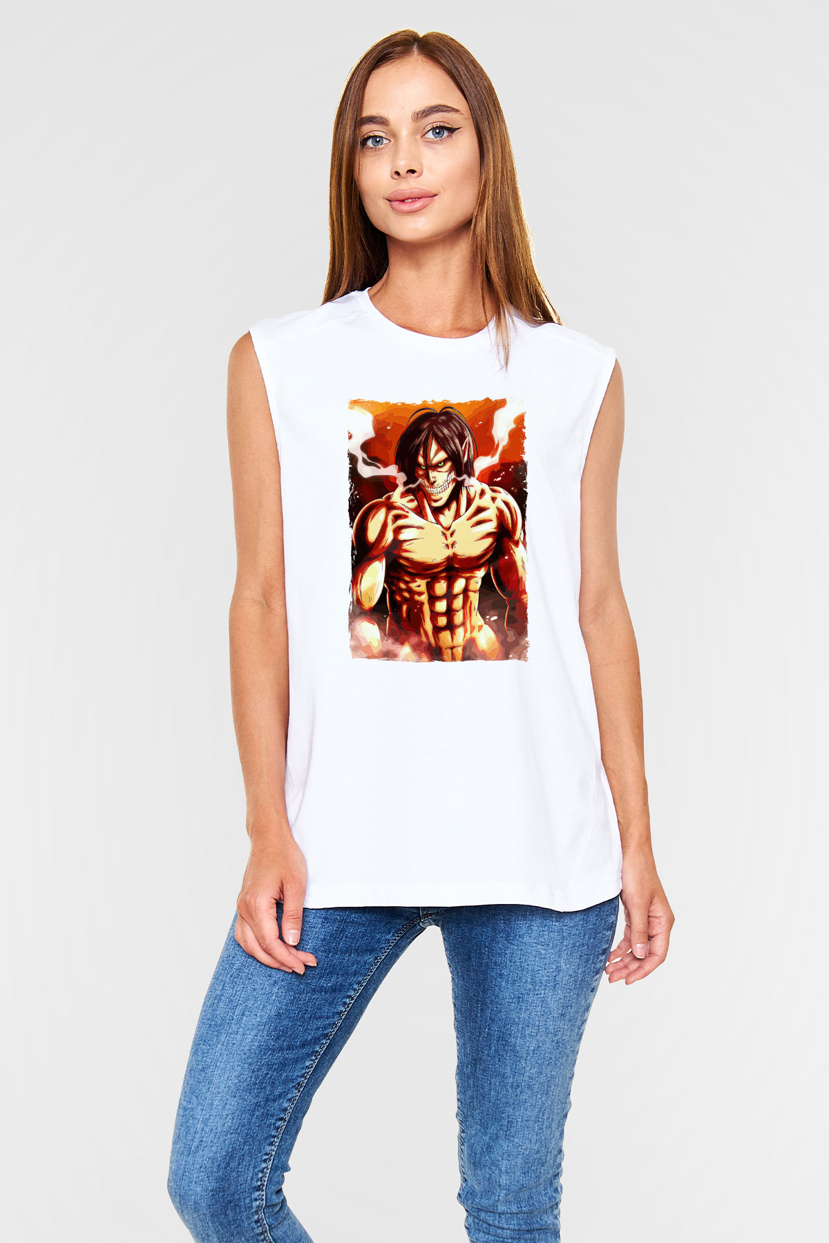 Attack On Titan Baskılı Beyaz Unisex Kolsuz Tişört - Tshirt
