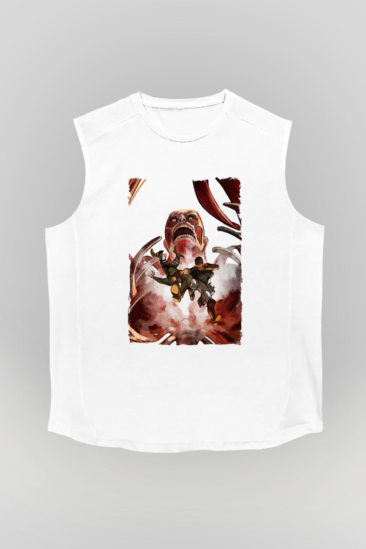 Attack On Titan Baskılı Beyaz Unisex Kolsuz Tişört - Tshirt