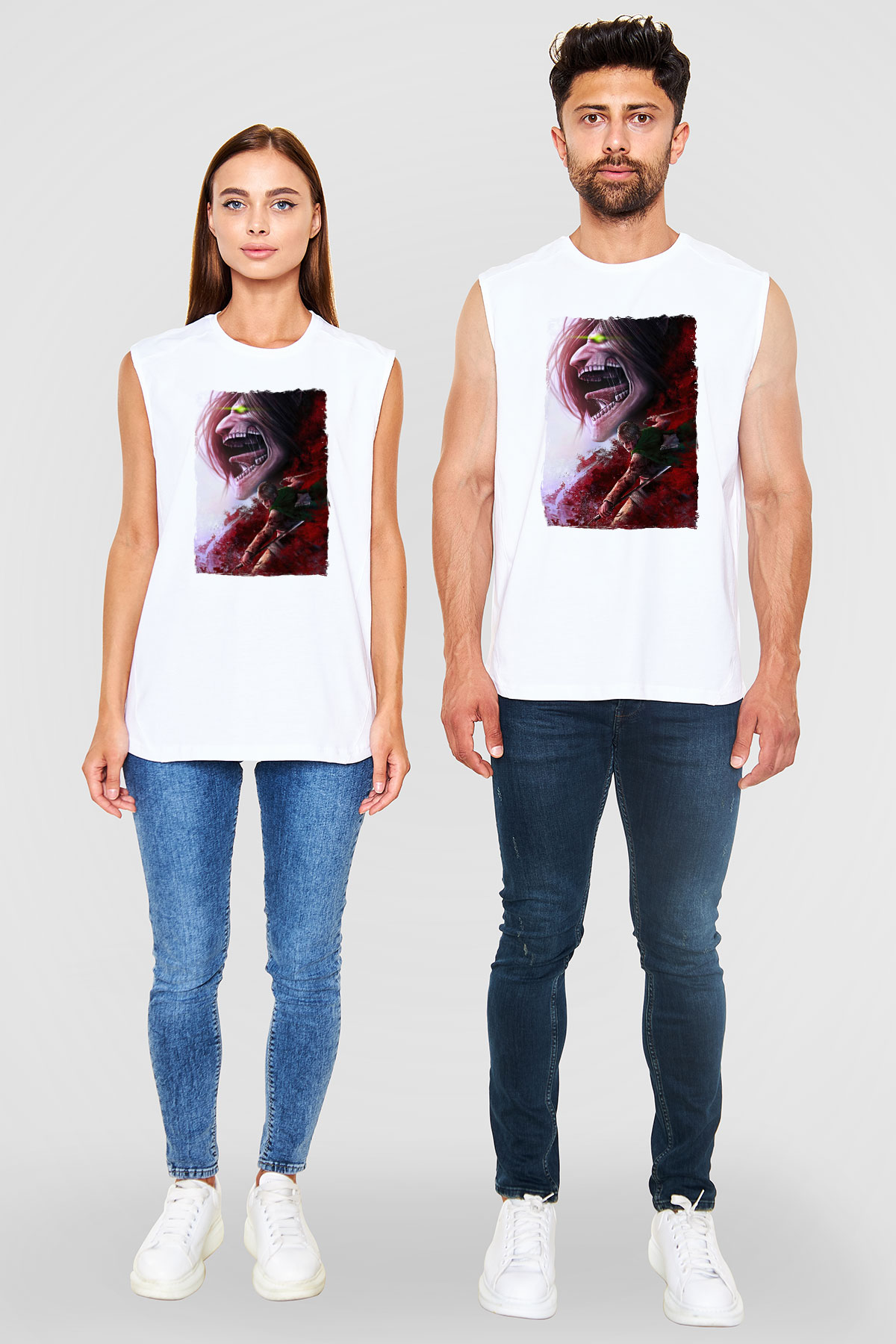 Attack On Titan Baskılı Beyaz Unisex Kolsuz Tişört - Tshirt