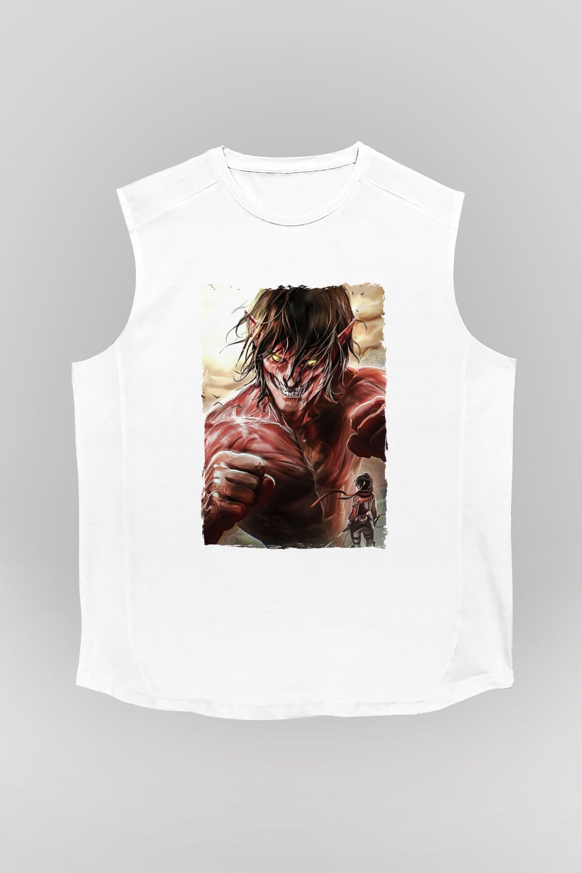 Attack On Titan Baskılı Beyaz Unisex Kolsuz Tişört - Tshirt