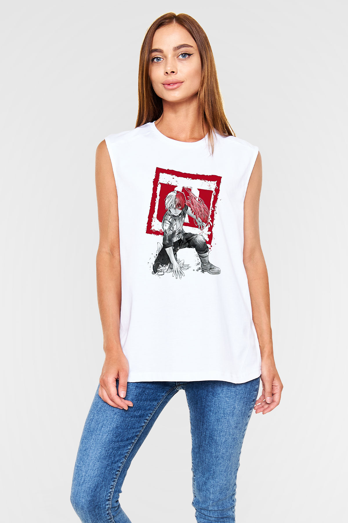 Attack On Titan Baskılı Beyaz Unisex Kolsuz Tişört - Tshirt