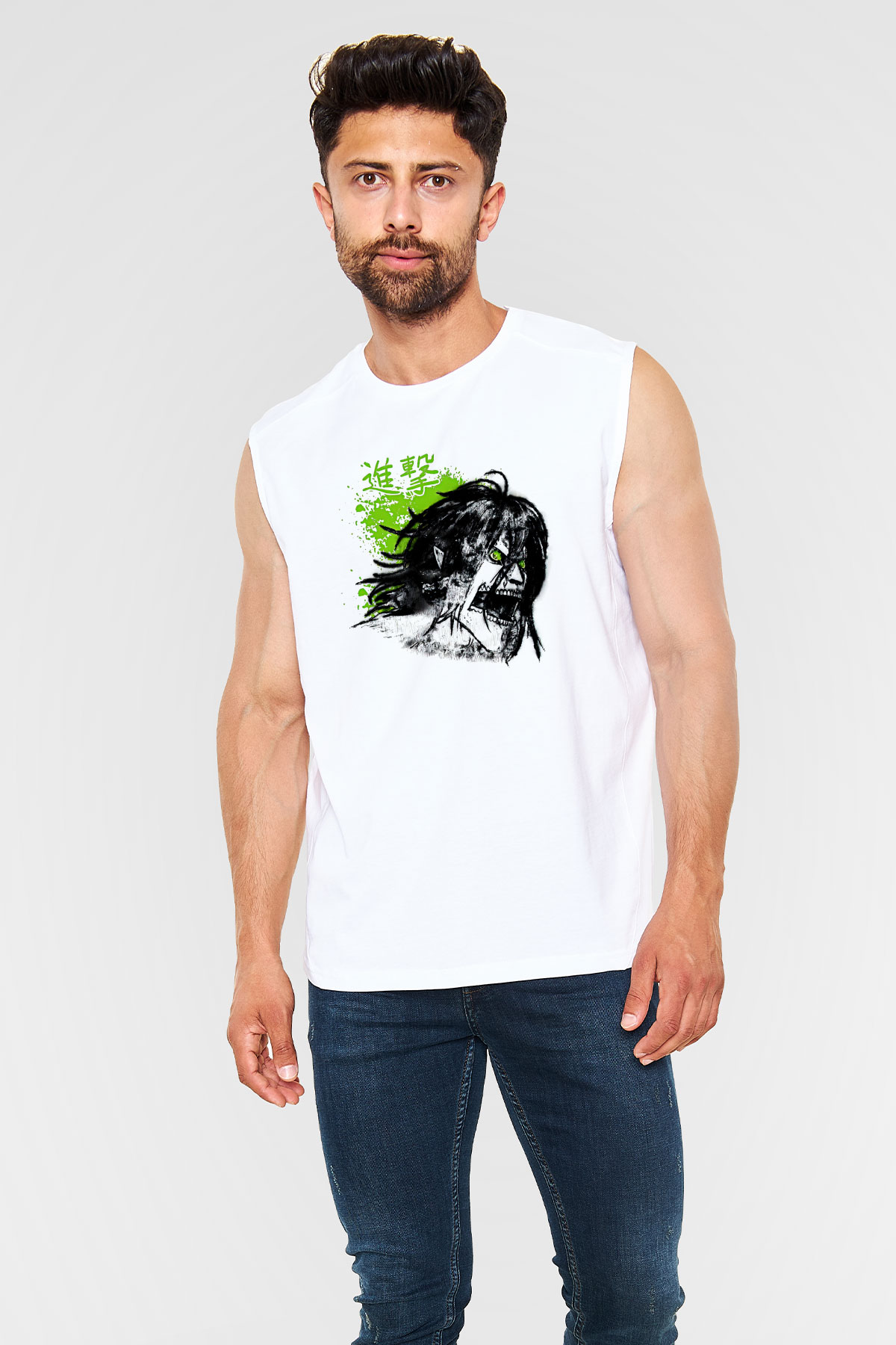 Attack On Titan Baskılı Beyaz Unisex Kolsuz Tişört - Tshirt
