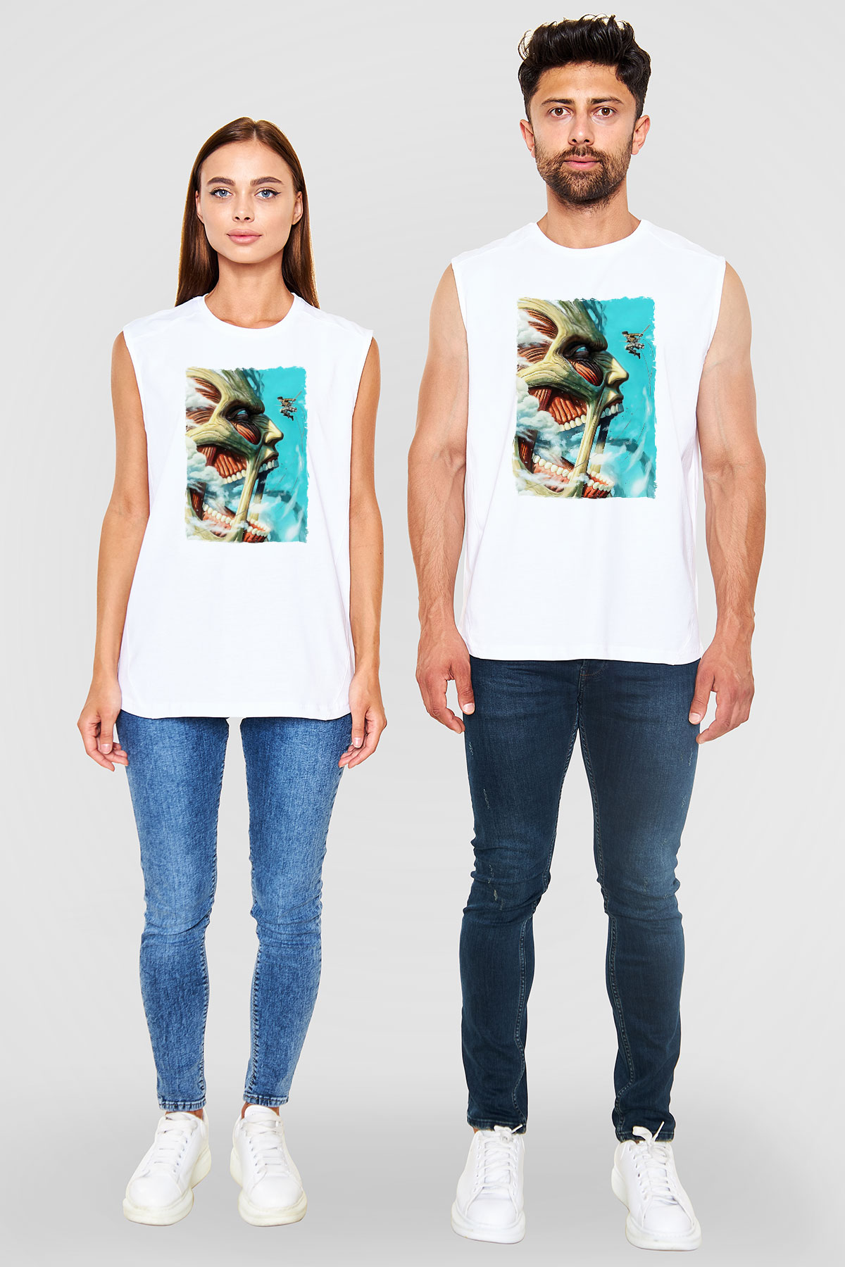 Attack On Titan Baskılı Beyaz Unisex Kolsuz Tişört - Tshirt