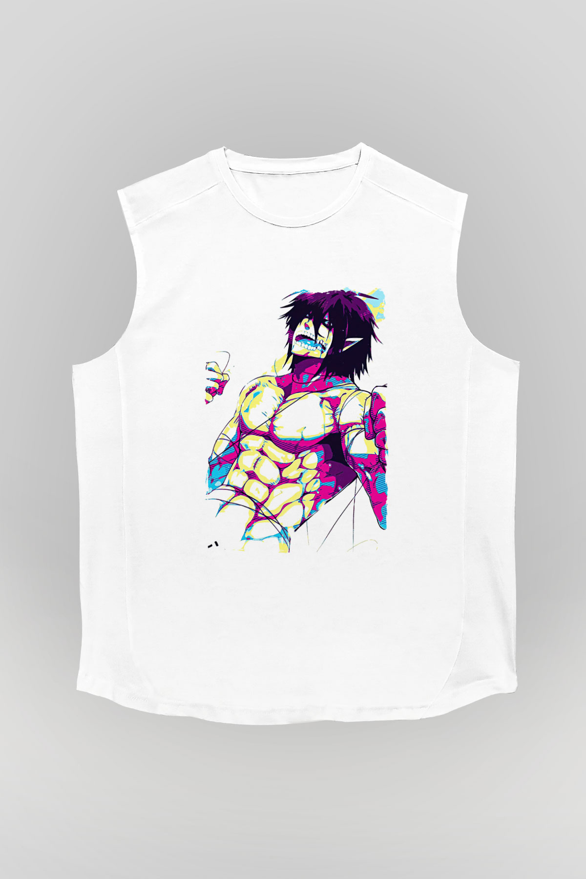 Attack On Titan Baskılı Beyaz Unisex Kolsuz Tişört - Tshirt