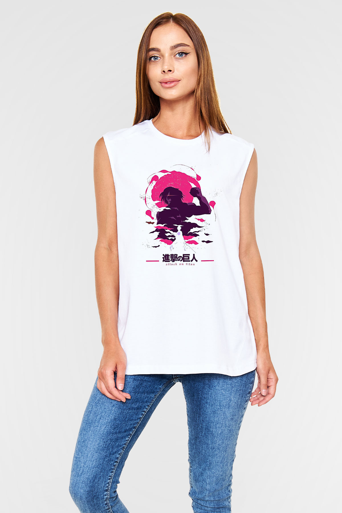 Attack On Titan Baskılı Beyaz Unisex Kolsuz Tişört - Tshirt