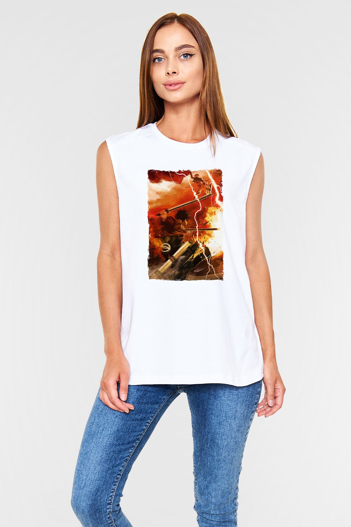 Attack On Titan Baskılı Beyaz Unisex Kolsuz Tişört - Tshirt