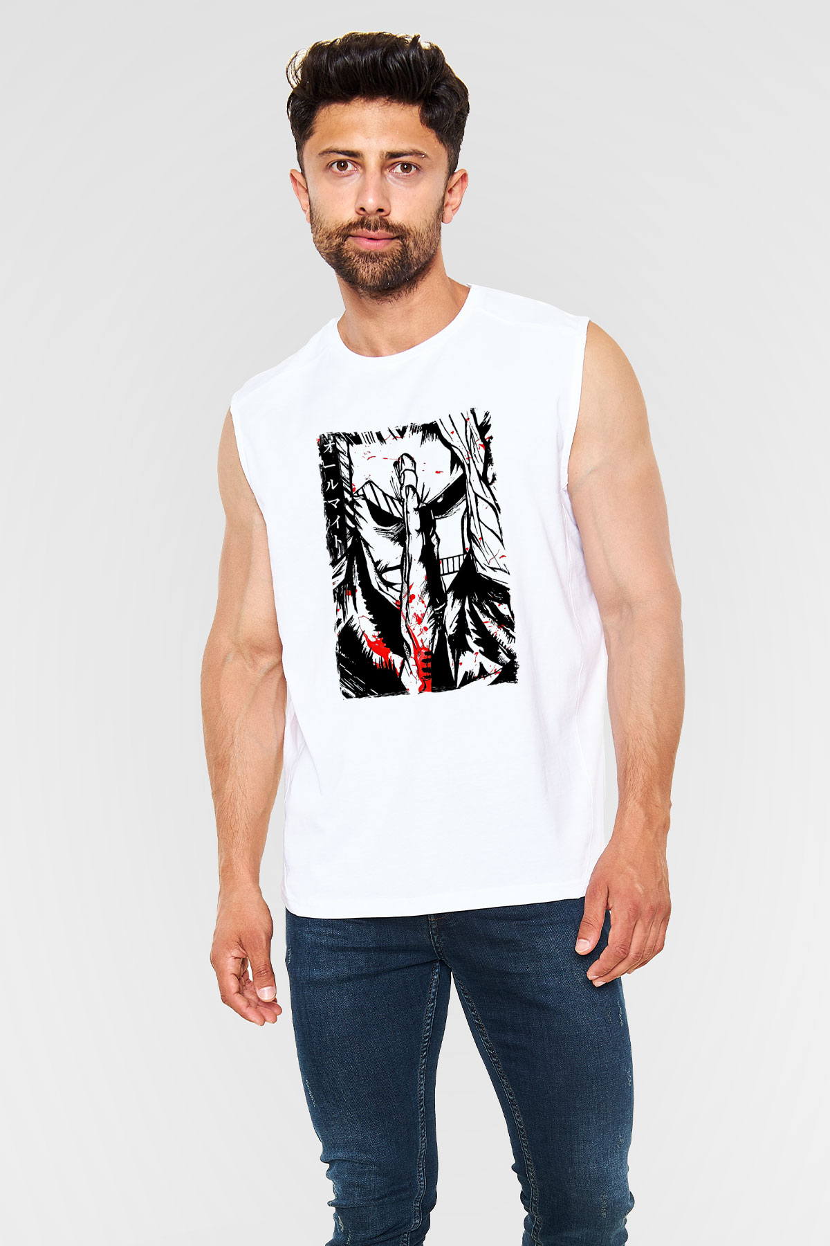 Attack On Titan Baskılı Beyaz Unisex Kolsuz Tişört - Tshirt