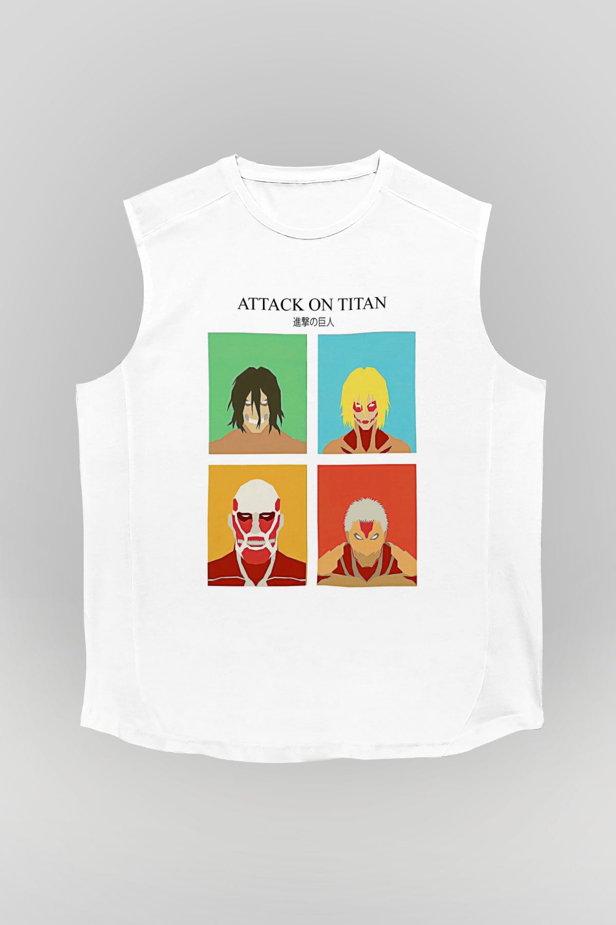 Attack On Titan Baskılı Beyaz Unisex Kolsuz Tişört - Tshirt