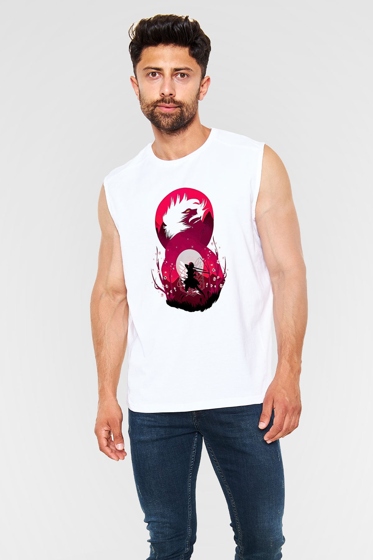 Attack On Titan Baskılı Beyaz Unisex Kolsuz Tişört - Tshirt