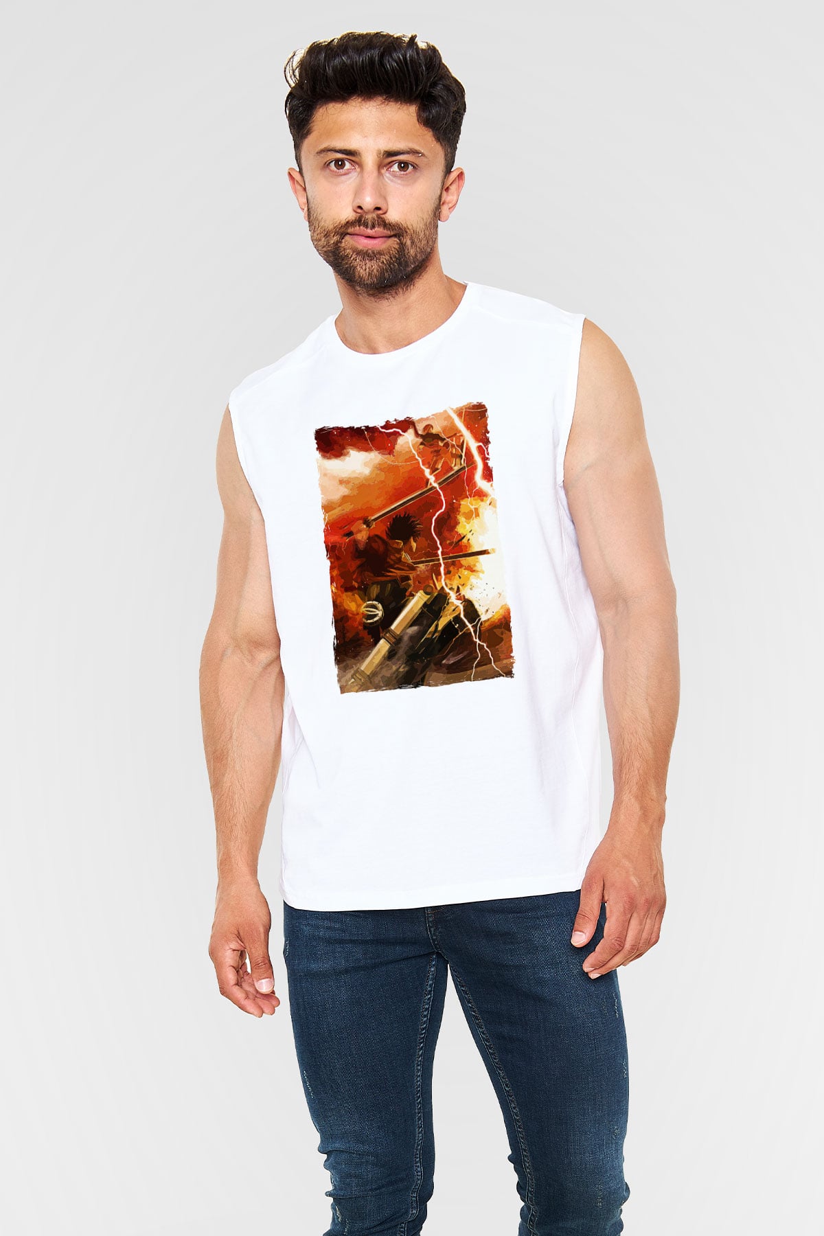 Attack On Titan Baskılı Beyaz Unisex Kolsuz Tişört - Tshirt
