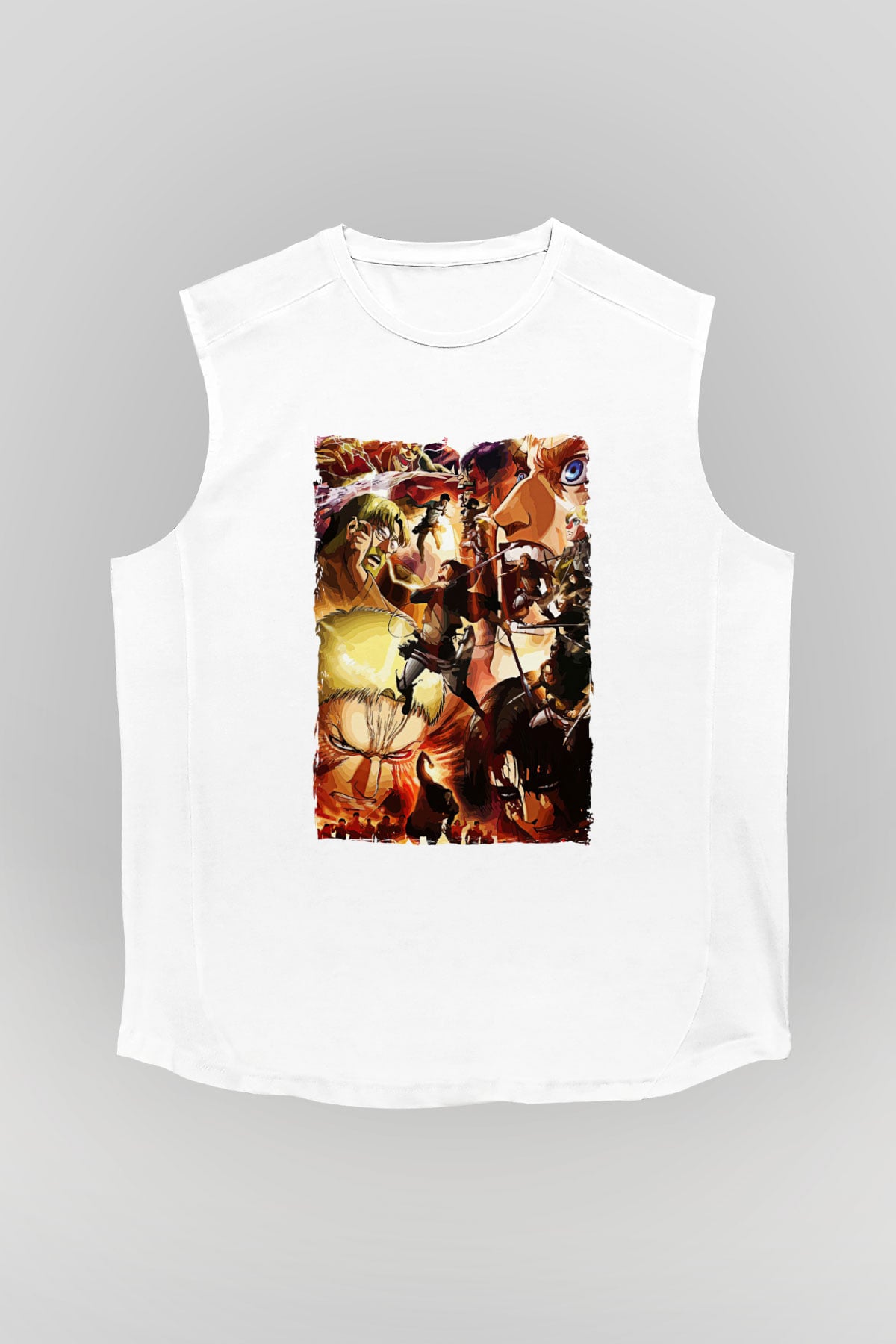Attack On Titan Baskılı Beyaz Unisex Kolsuz Tişört - Tshirt