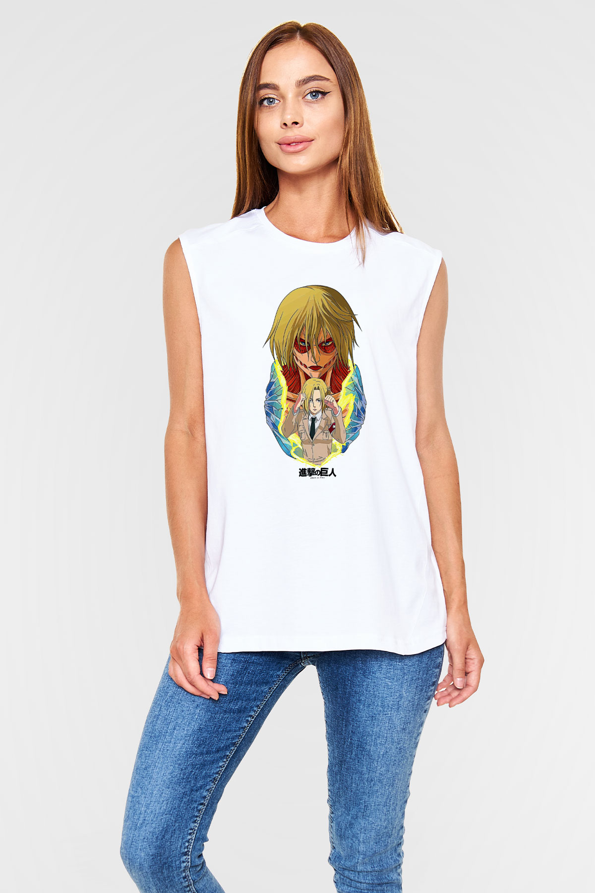 Attack On Titan Baskılı Beyaz Unisex Kolsuz Tişört - Tshirt
