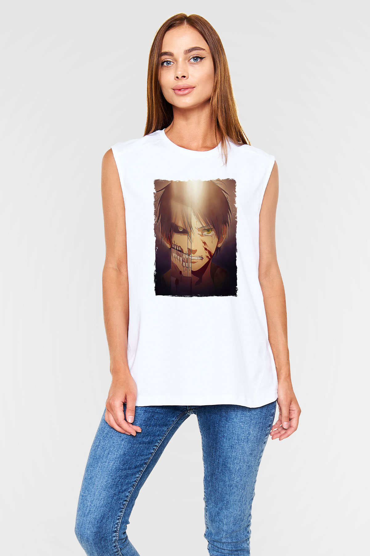 Attack On Titan Baskılı Beyaz Unisex Kolsuz Tişört - Tshirt