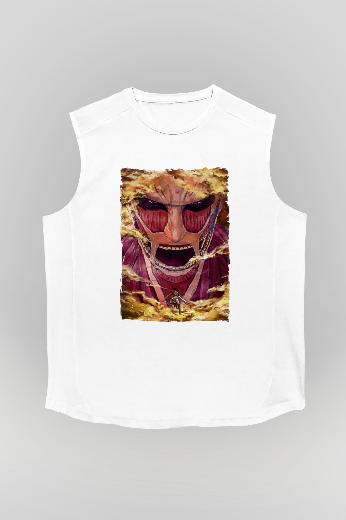 Attack On Titan Baskılı Beyaz Unisex Kolsuz Tişört - Tshirt