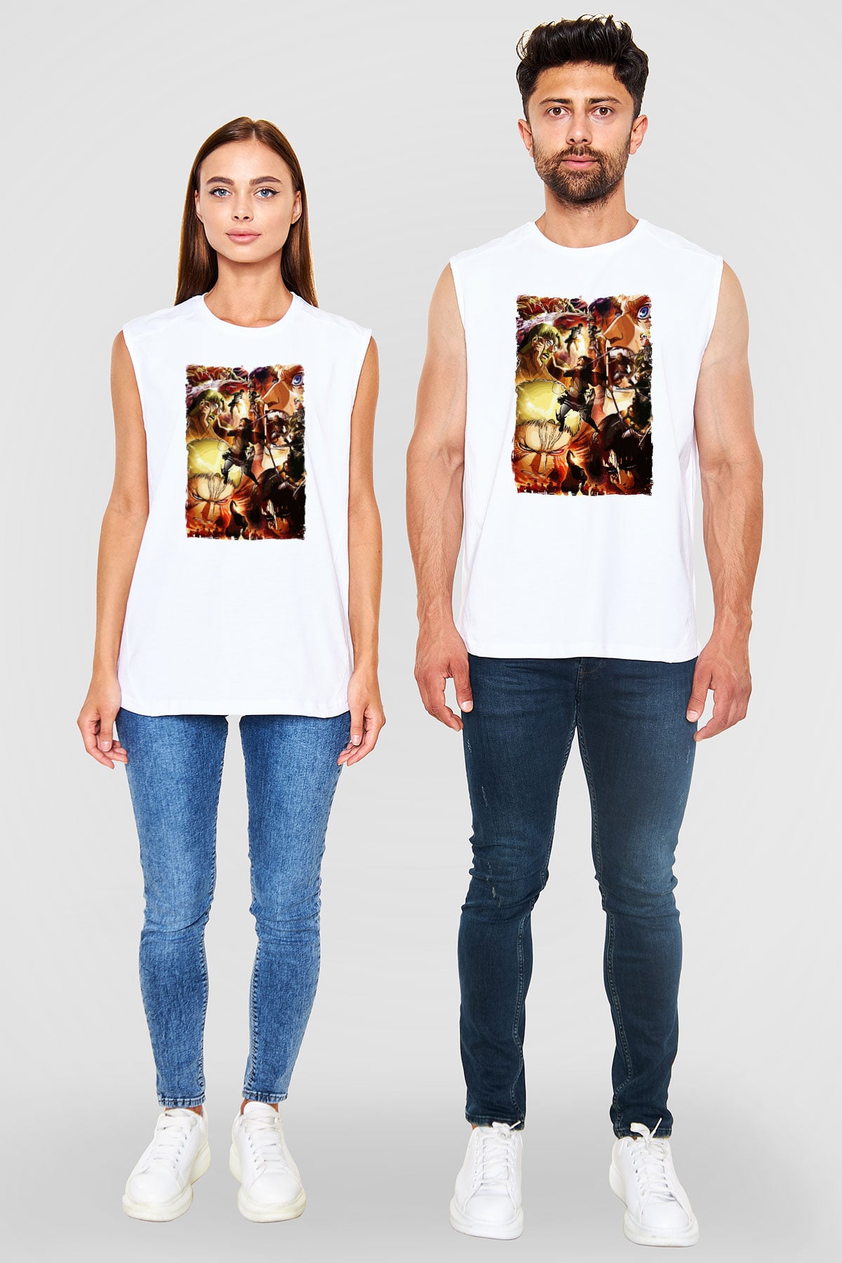 Attack On Titan Baskılı Beyaz Unisex Kolsuz Tişört - Tshirt