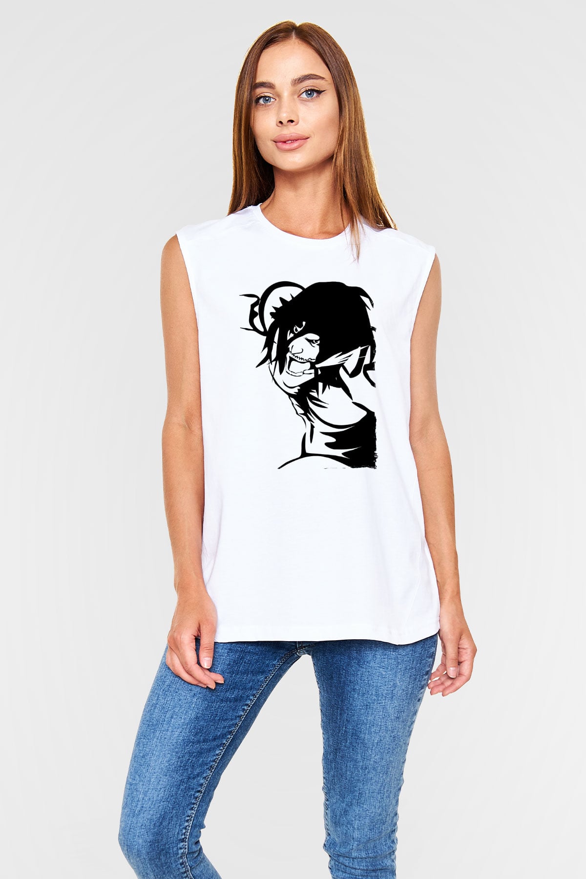 Attack On Titan Baskılı Beyaz Unisex Kolsuz Tişört - Tshirt