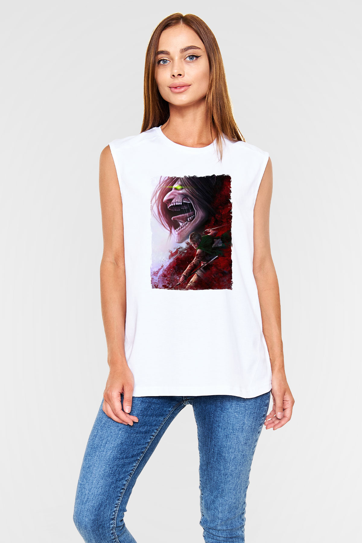 Attack On Titan Baskılı Beyaz Unisex Kolsuz Tişört - Tshirt