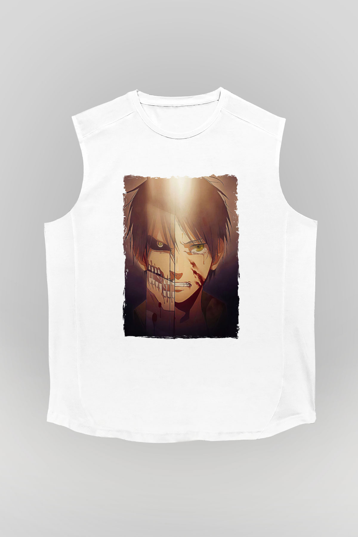 Attack On Titan Baskılı Beyaz Unisex Kolsuz Tişört - Tshirt