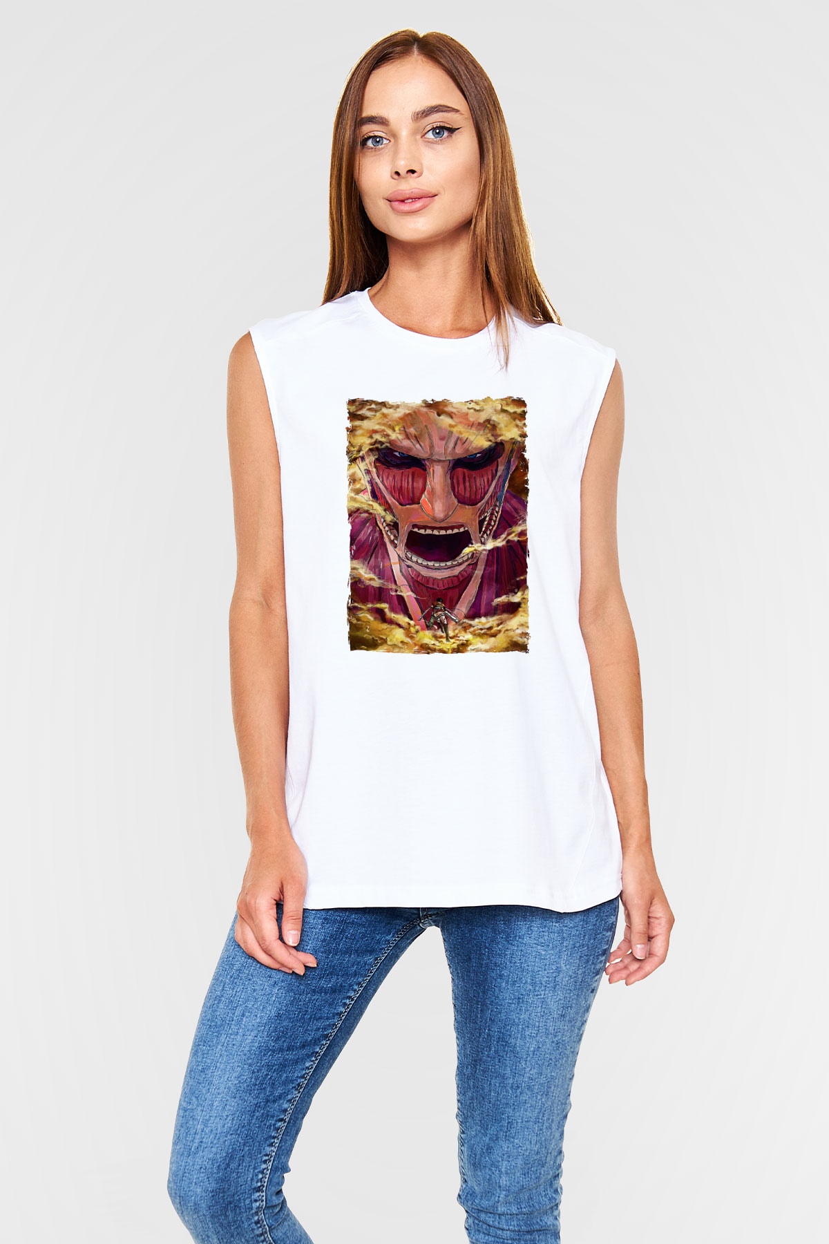 Attack On Titan Baskılı Beyaz Unisex Kolsuz Tişört - Tshirt