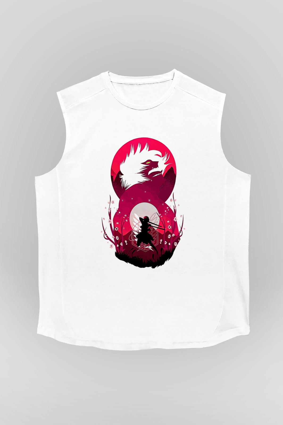 Attack On Titan Baskılı Beyaz Unisex Kolsuz Tişört - Tshirt