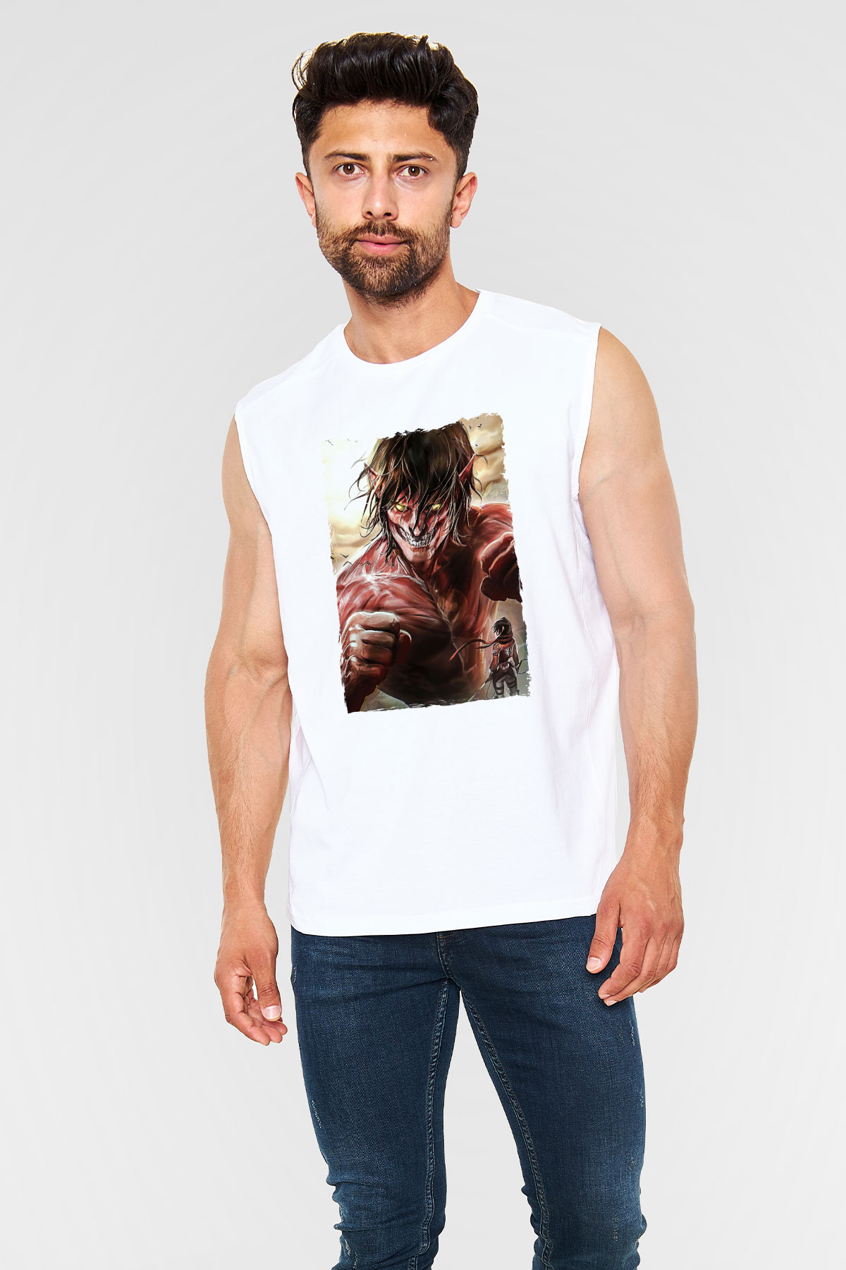 Attack On Titan Baskılı Beyaz Unisex Kolsuz Tişört - Tshirt
