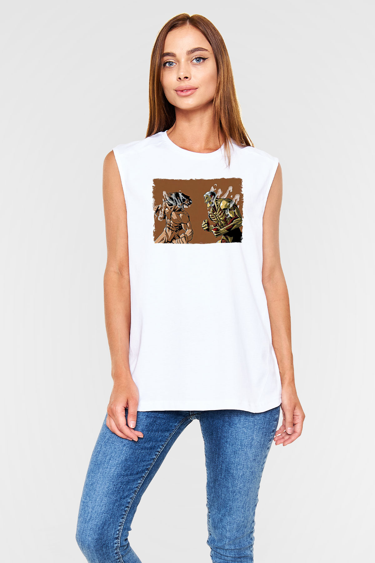Attack On Titan Baskılı Beyaz Unisex Kolsuz Tişört - Tshirt
