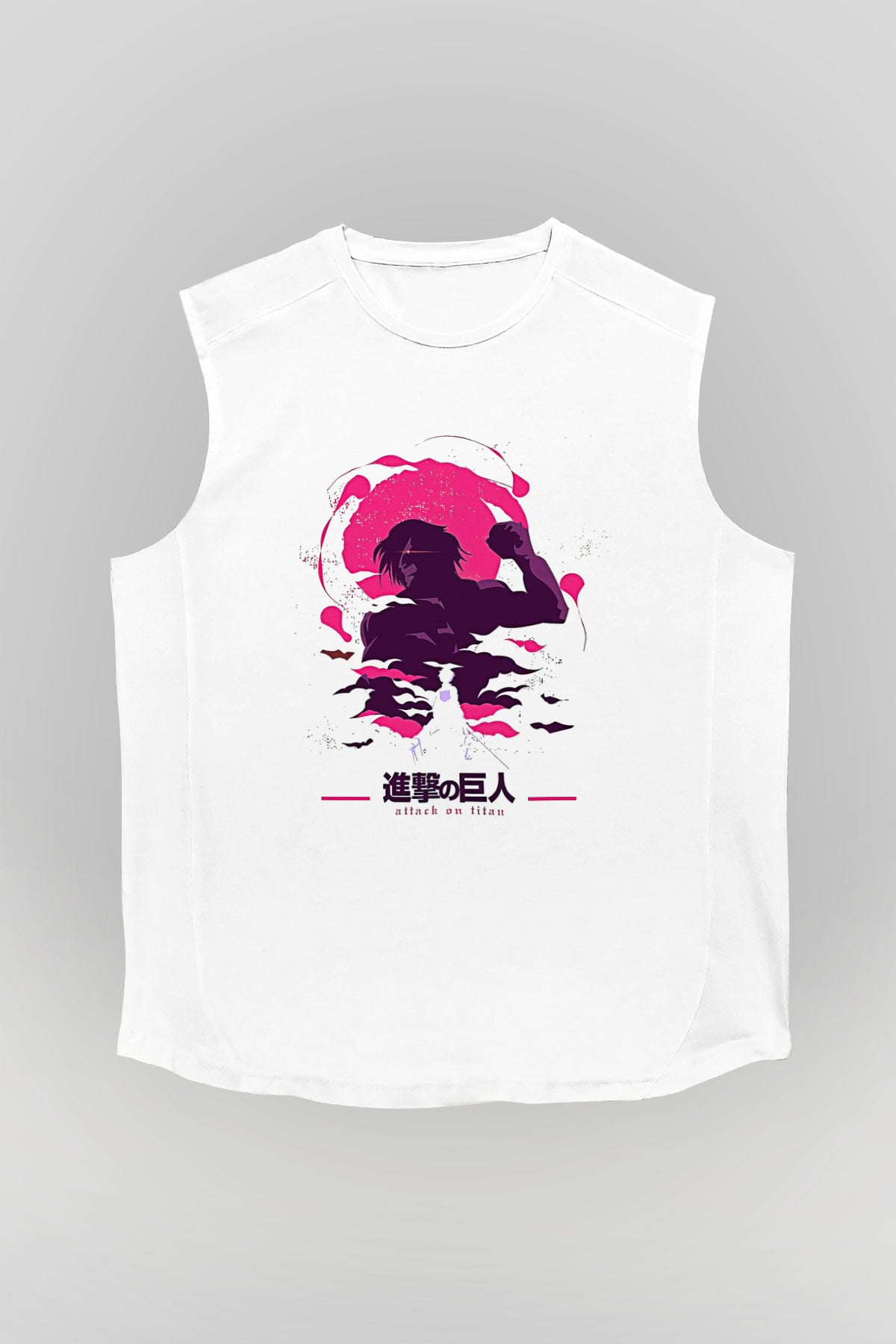 Attack On Titan Baskılı Beyaz Unisex Kolsuz Tişört - Tshirt