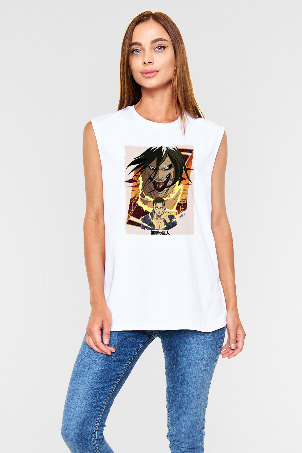 Attack On Titan Baskılı Beyaz Unisex Kolsuz Tişört - Tshirt