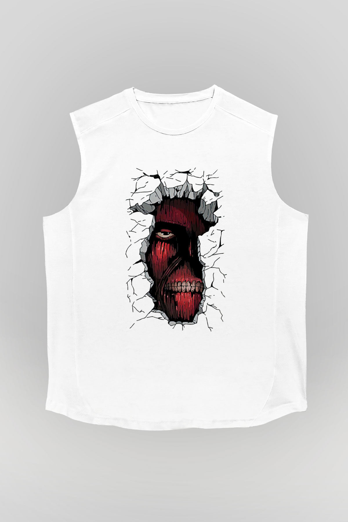 Attack On Titan Baskılı Beyaz Unisex Kolsuz Tişört - Tshirt