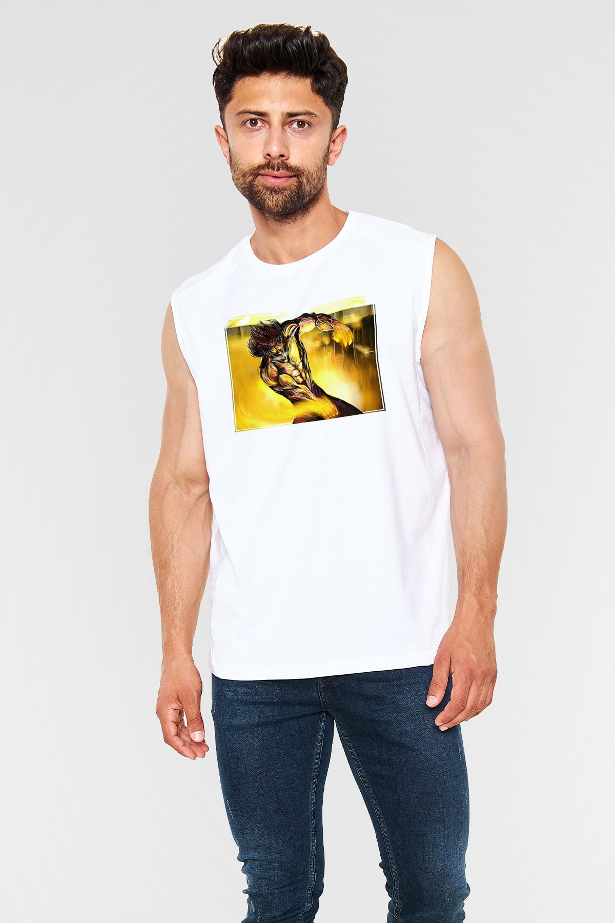 Attack On Titan Baskılı Beyaz Unisex Kolsuz Tişört - Tshirt