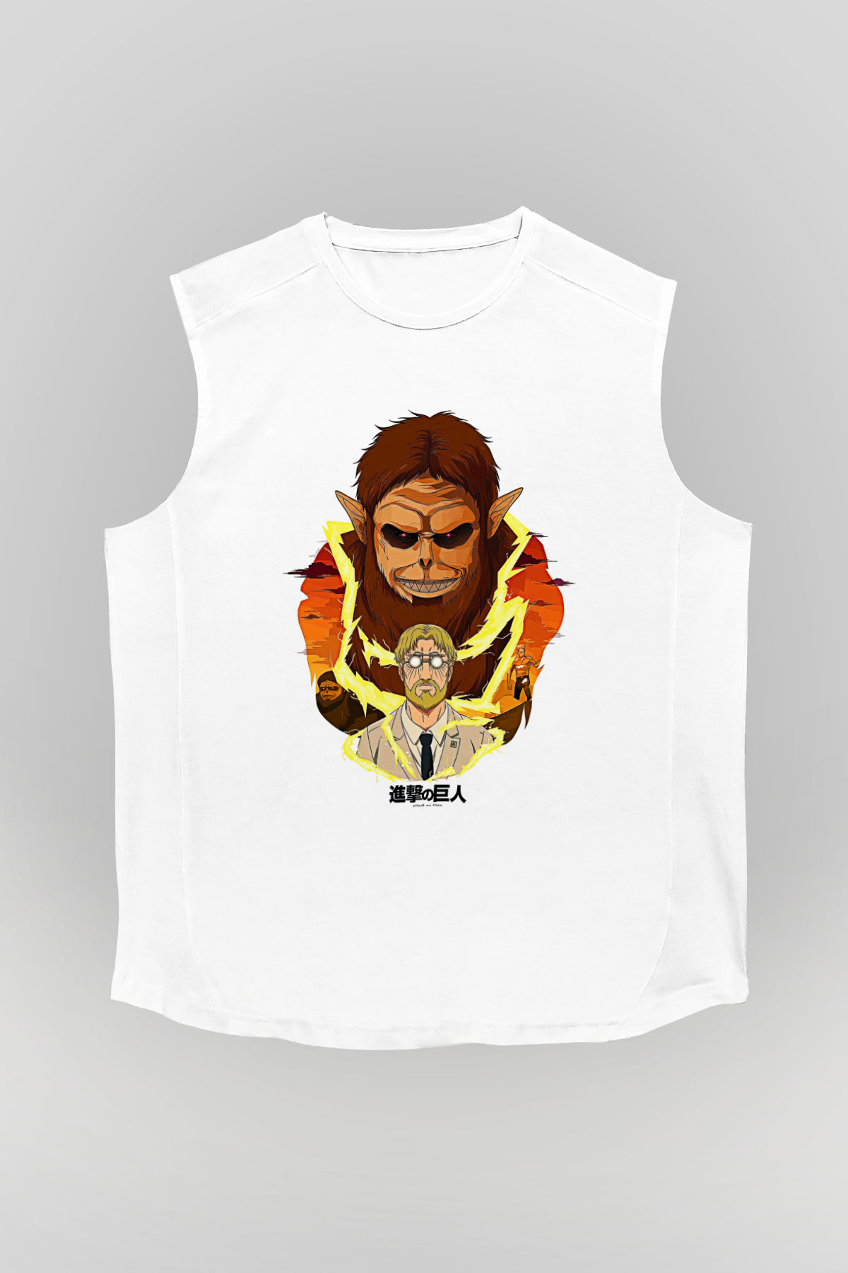 Attack On Titan Baskılı Beyaz Unisex Kolsuz Tişört - Tshirt