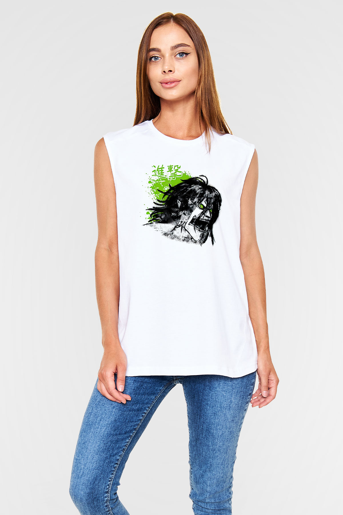 Attack On Titan Baskılı Beyaz Unisex Kolsuz Tişört - Tshirt