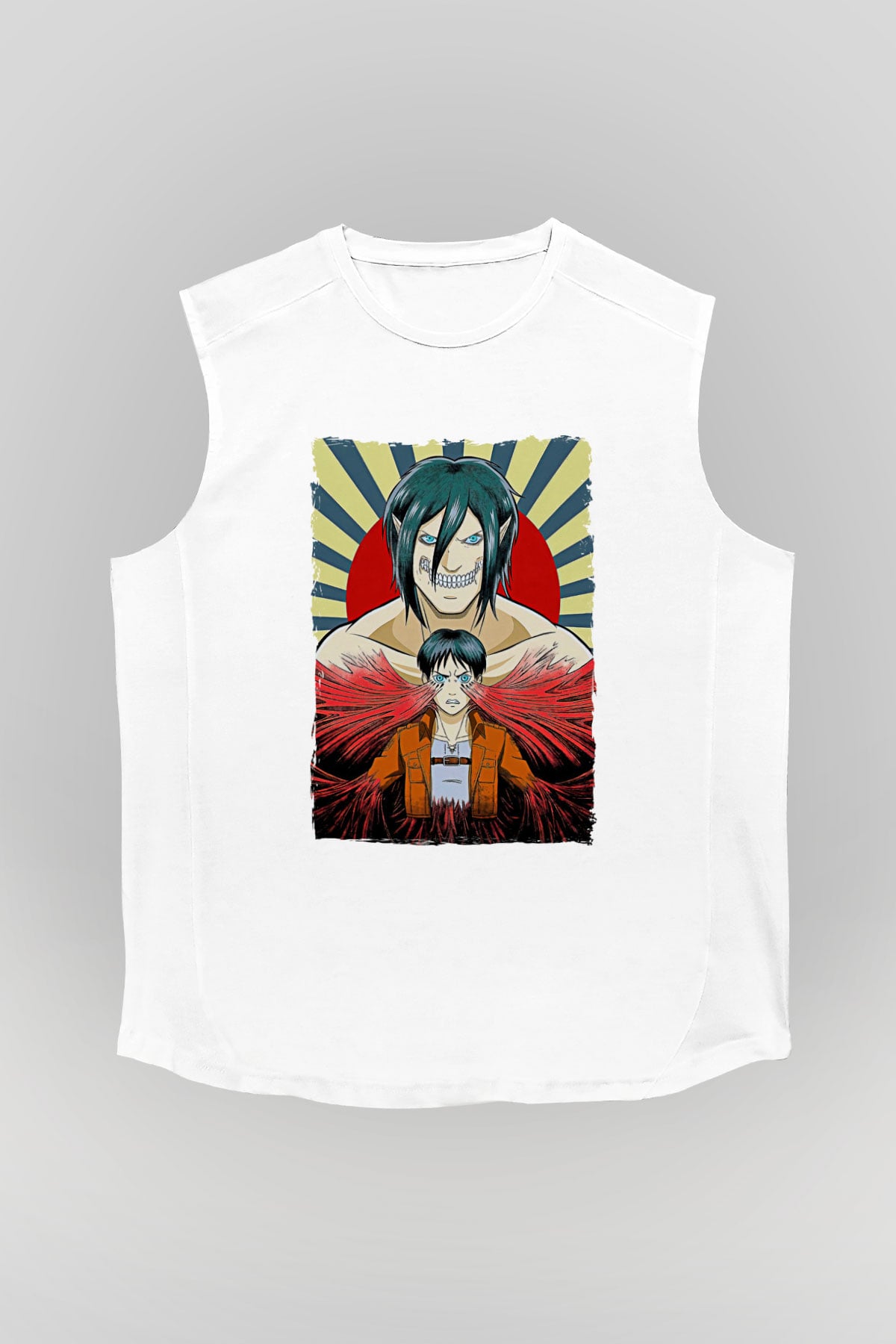 Attack On Titan Baskılı Beyaz Unisex Kolsuz Tişört - Tshirt