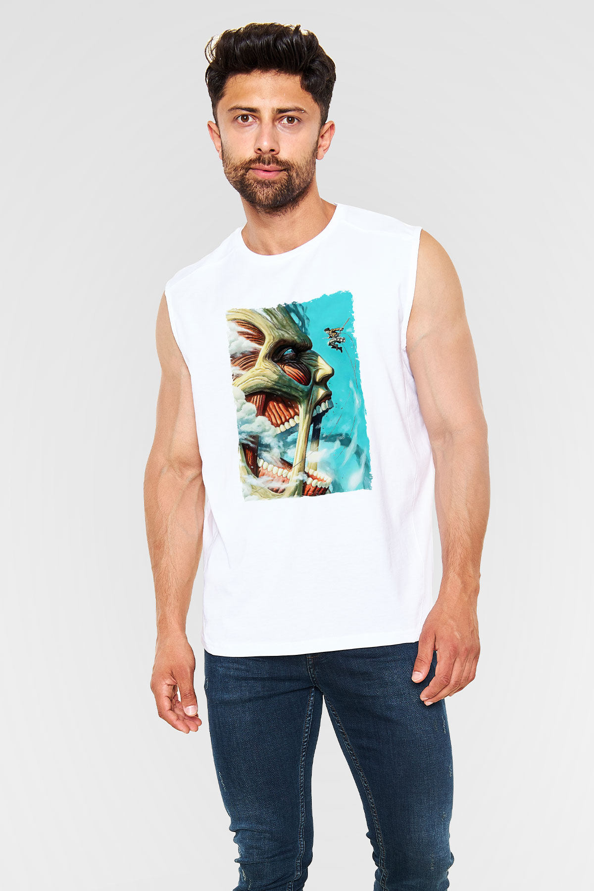Attack On Titan Baskılı Beyaz Unisex Kolsuz Tişört - Tshirt