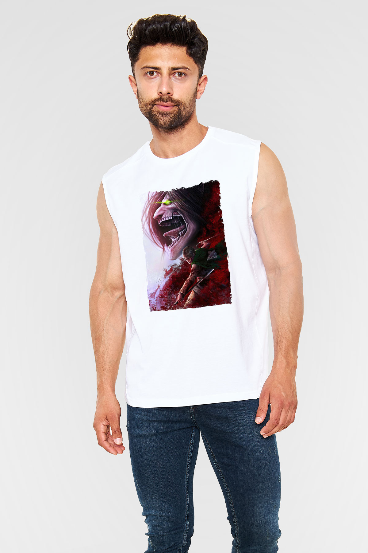 Attack On Titan Baskılı Beyaz Unisex Kolsuz Tişört - Tshirt